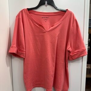 Ellen Tracy V-Neck Coral Short Sleeve Top with Cuffed Sleeves